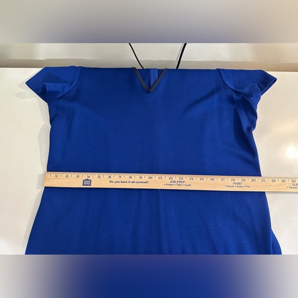 New ST. JOHN Cobalt Blue Dress Wool Shift Sheath Sweater Knit Navy Silk Trim - Picture 10 of 16